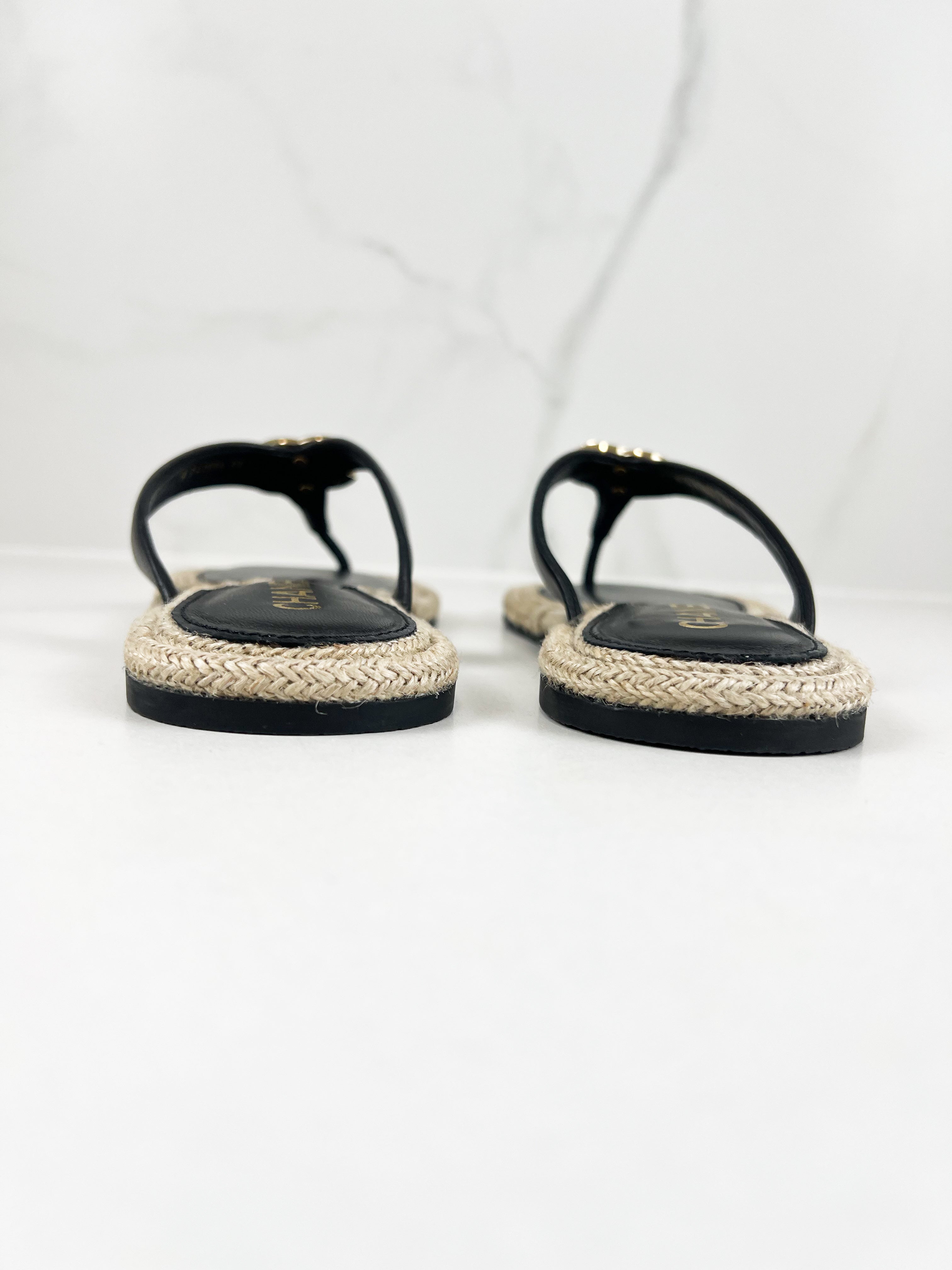 Chanel Black Raffia Thong Sandal with CC Logo GHW Size 39