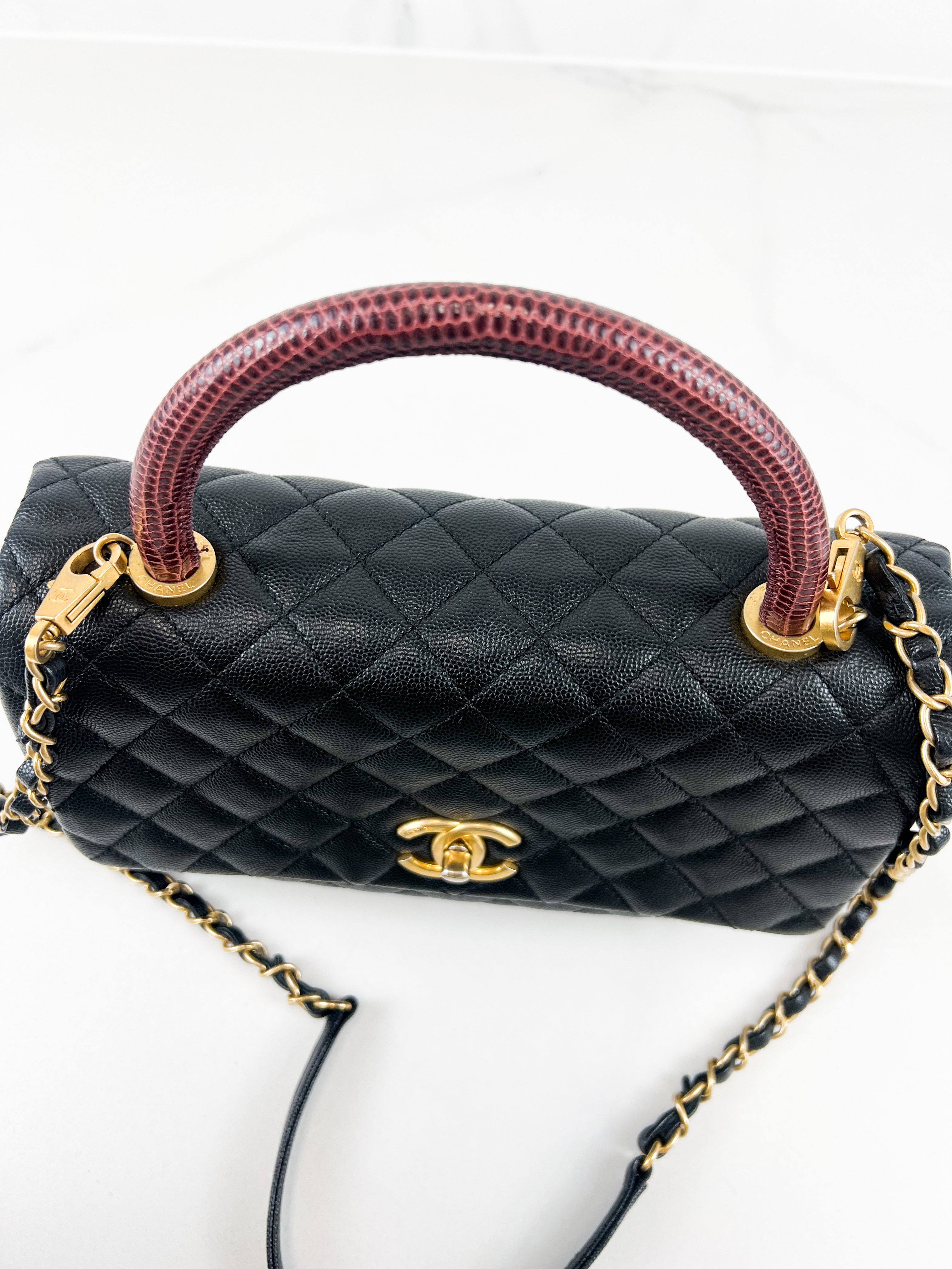 Chanel Medium Top Handle Coco in Black Caviar with Lizard Handle GHW