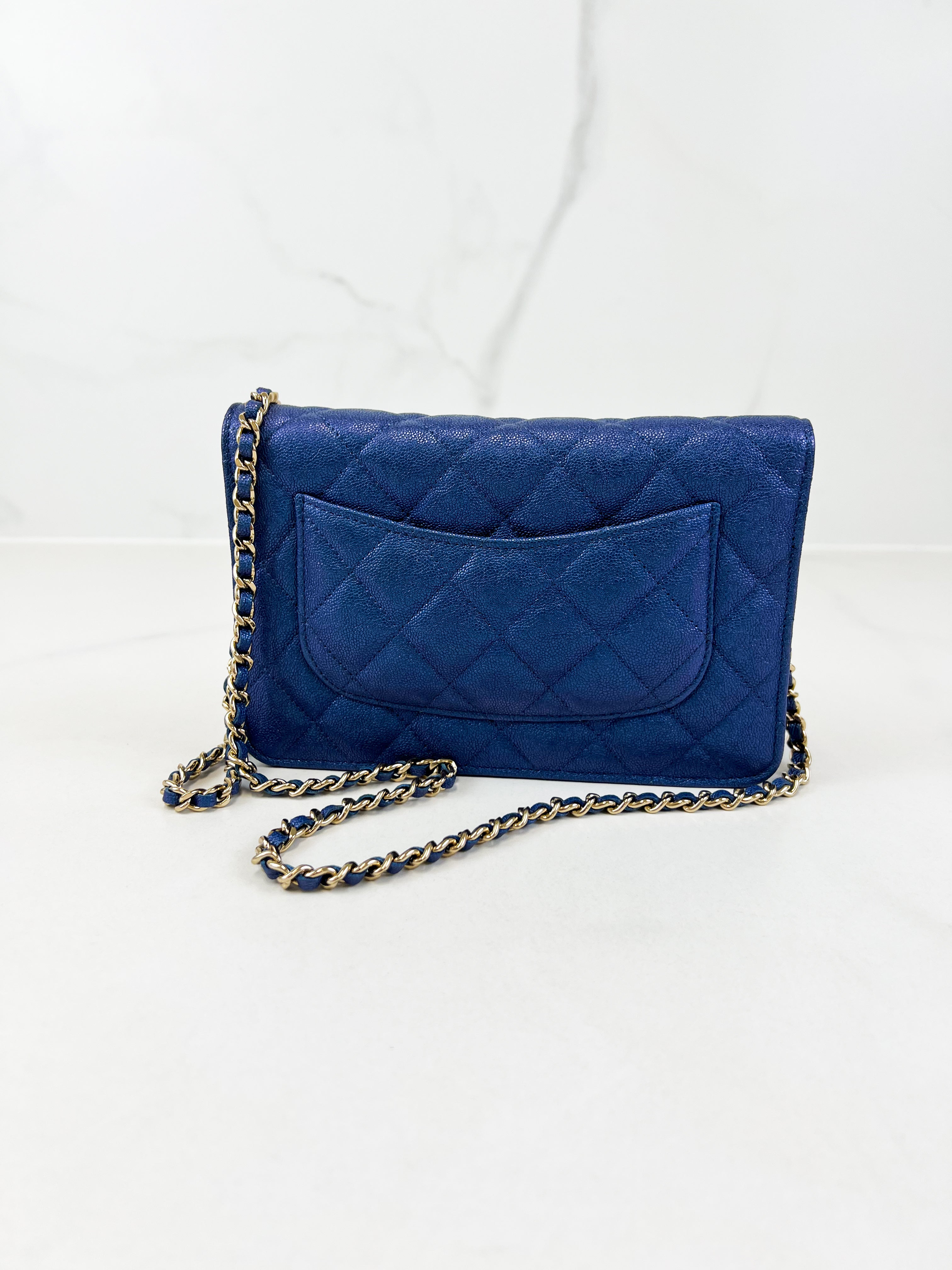 Chanel Metallic Blue Caviar Wallet on Chain with GHW