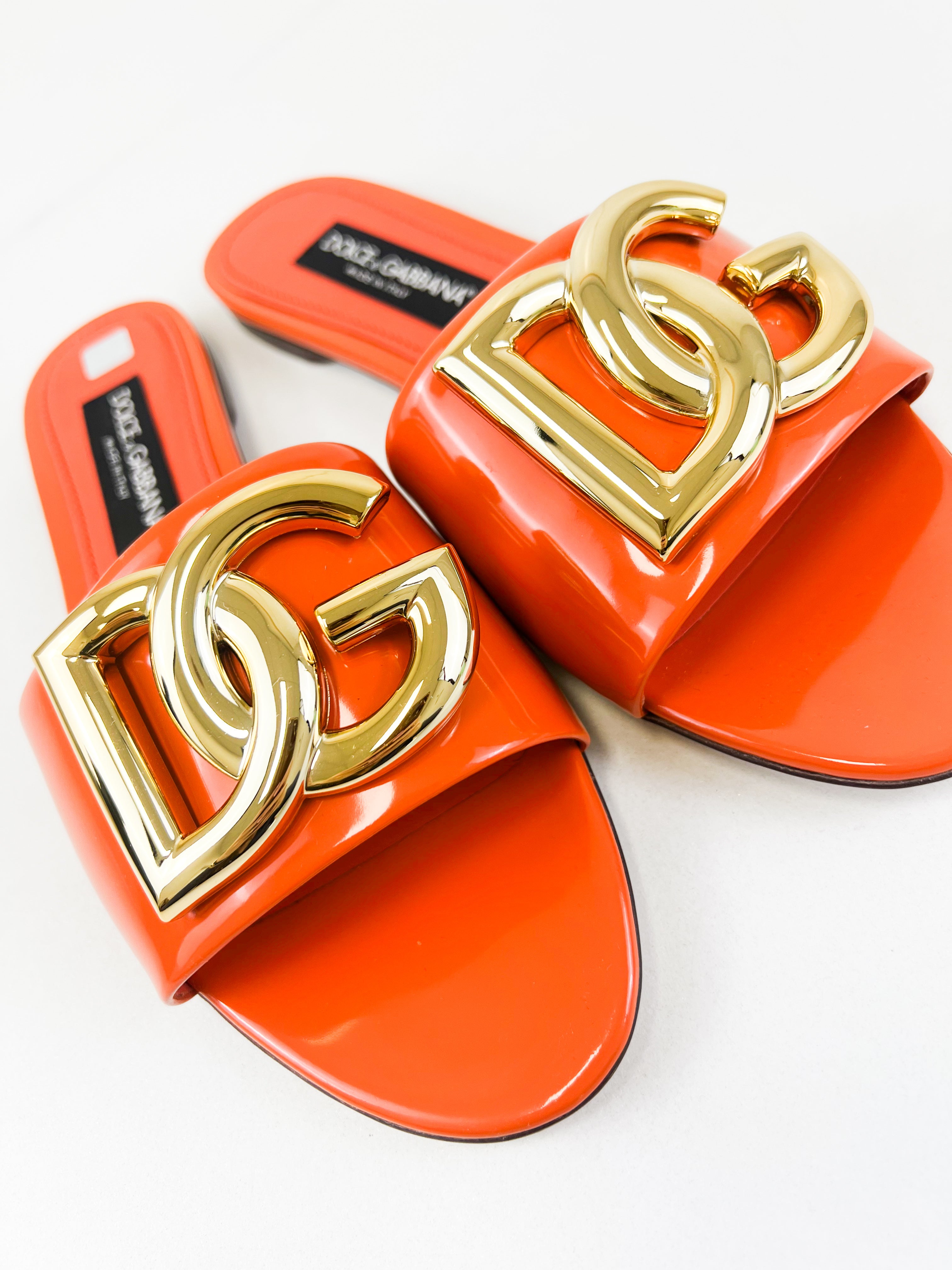 Dolce & Gabbana Orange Patent Leather Logo Slides Size 41