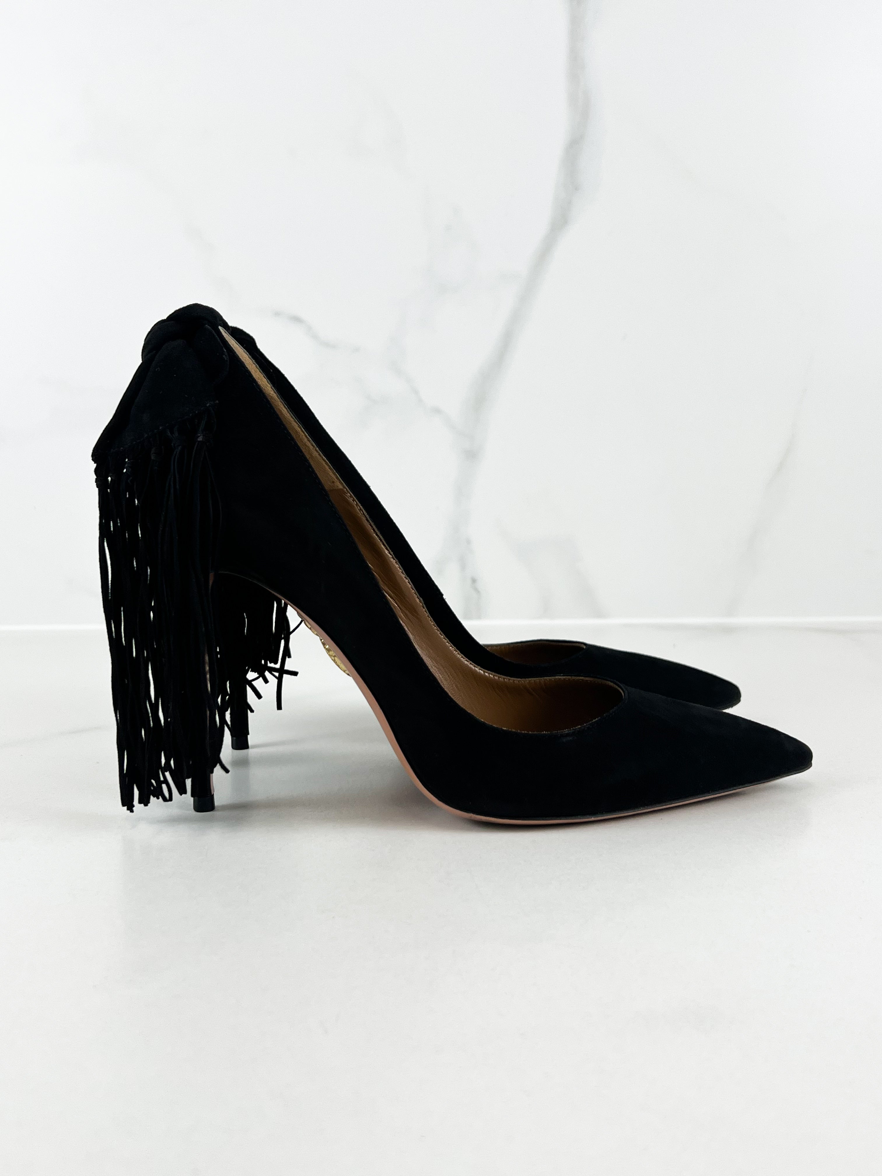 Aquazzura Black Suede Fringe Tie Pumps 105 Size 39