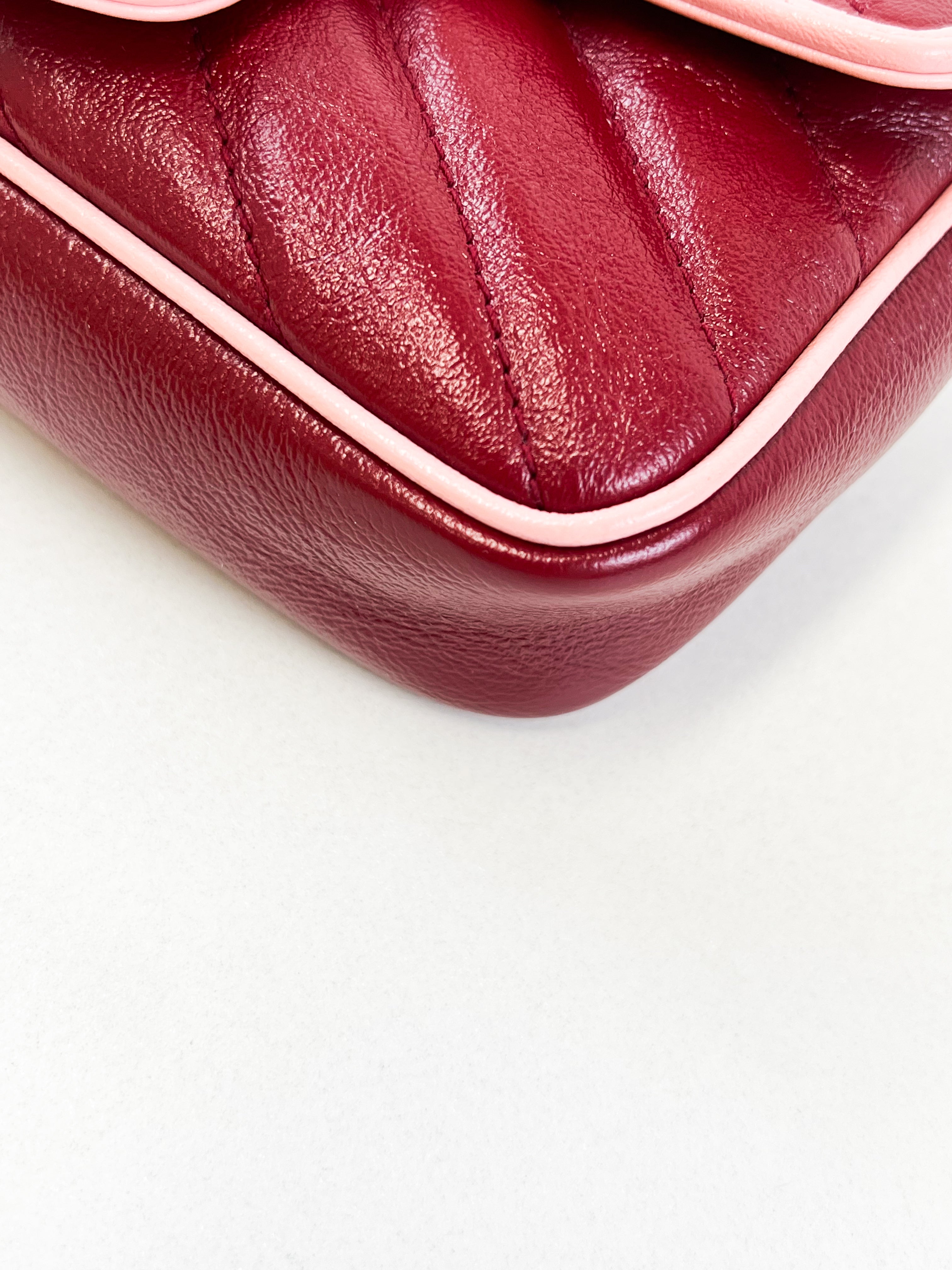 Gucci Super Mini Marmont in Red/Burgundy Matelassé Leather with Light Pink Piping