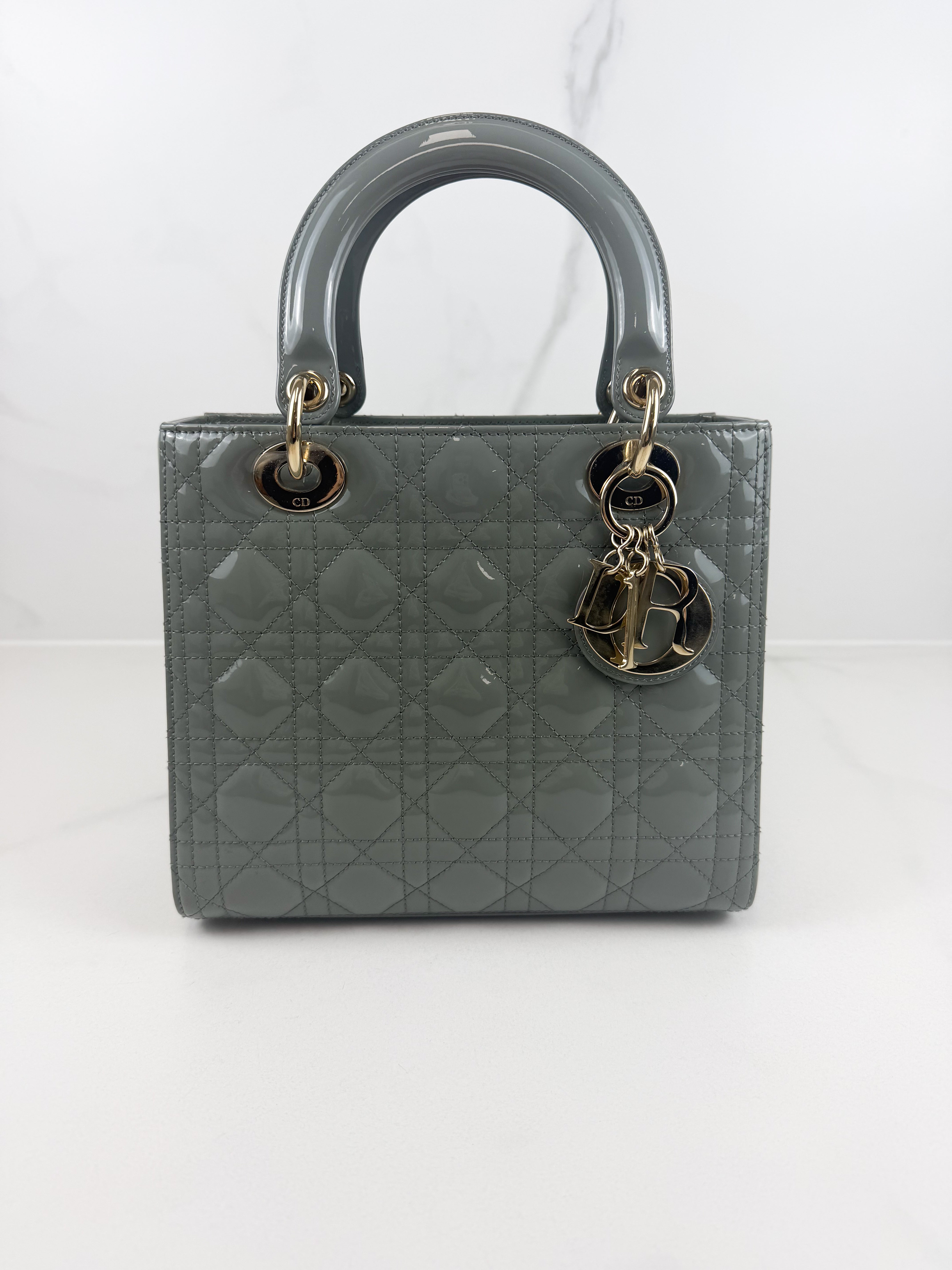 Christian Dior Medium Lady Dior In Grey Patent with GHW