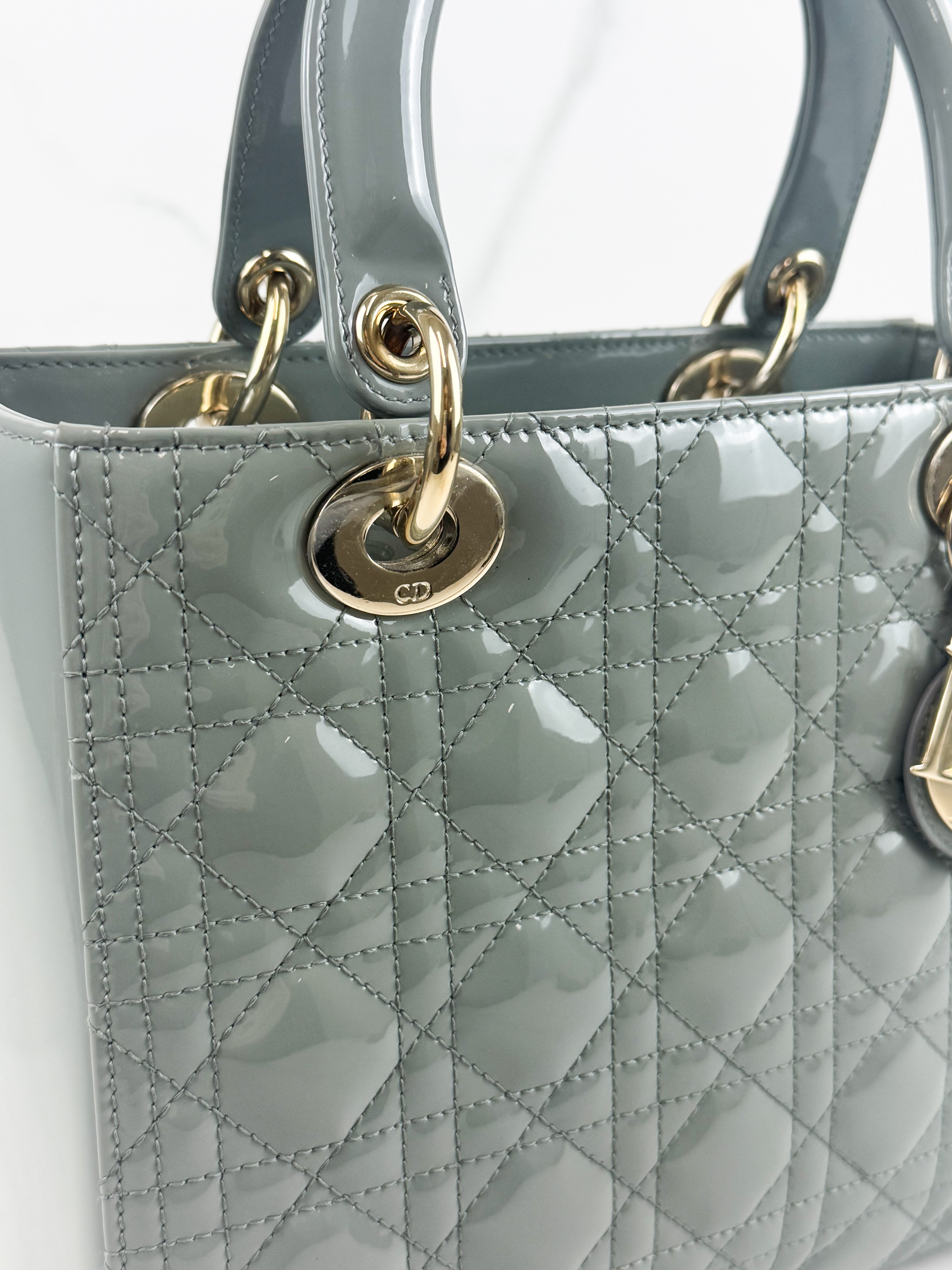 Christian Dior Medium Lady Dior In Grey Patent with GHW