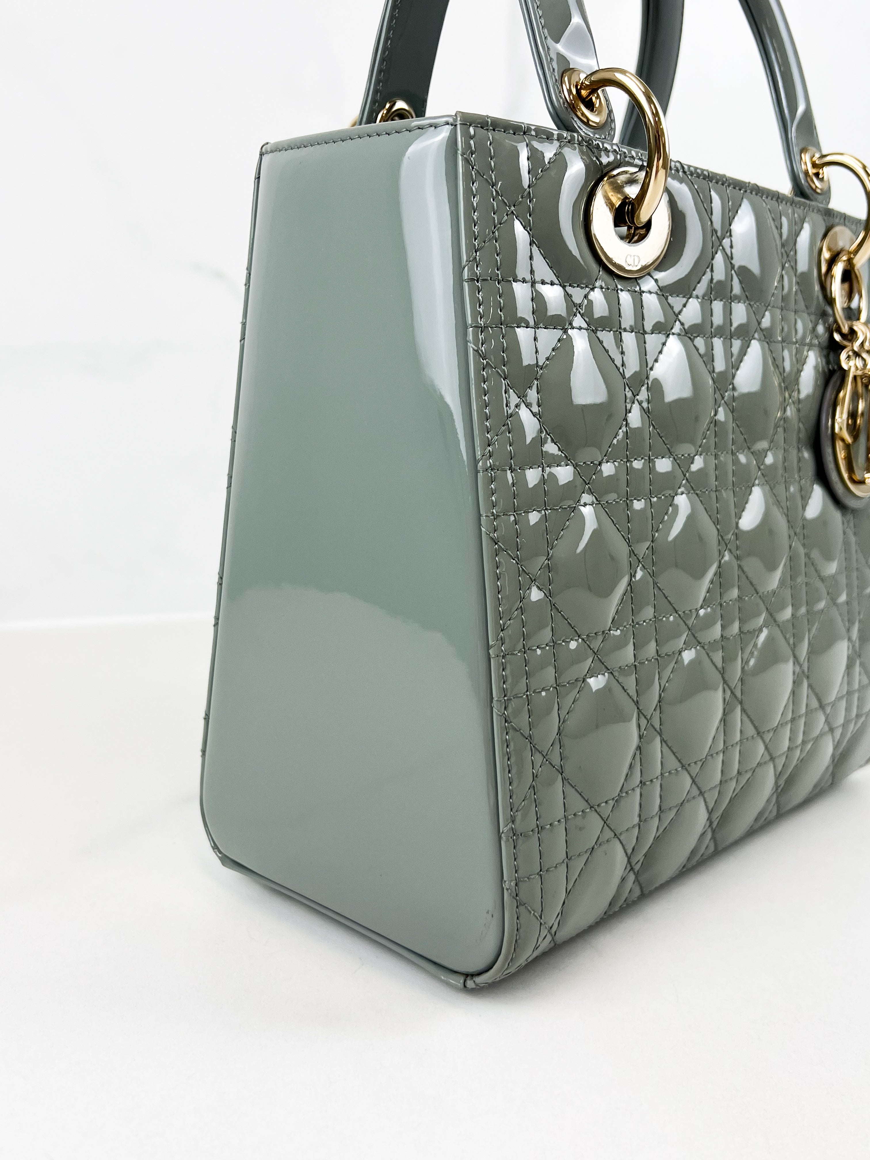 Christian Dior Medium Lady Dior In Grey Patent with GHW
