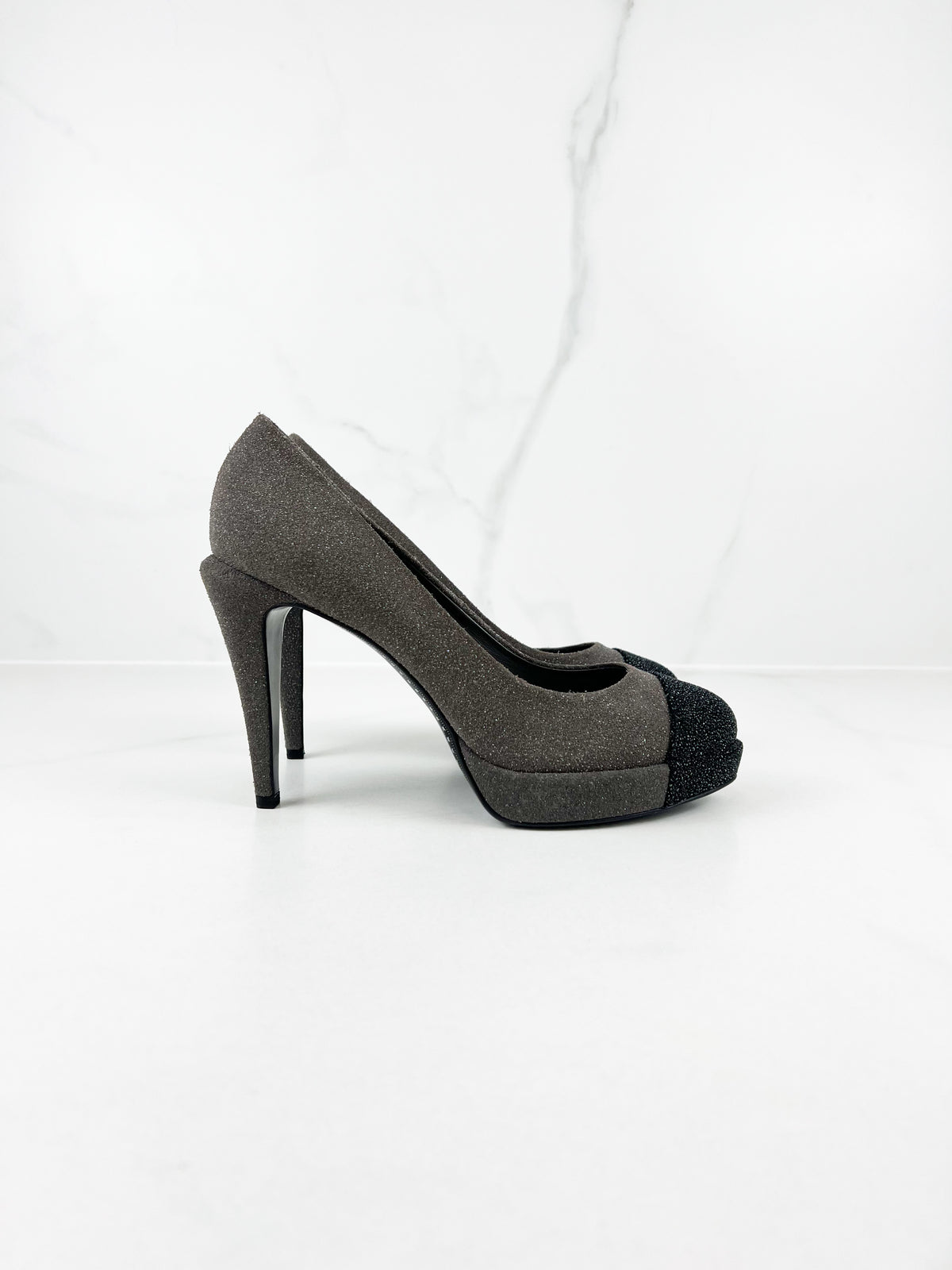 Chanel Black and Grey Glitter Cap-Toe Platform Pumps in Size 39.5