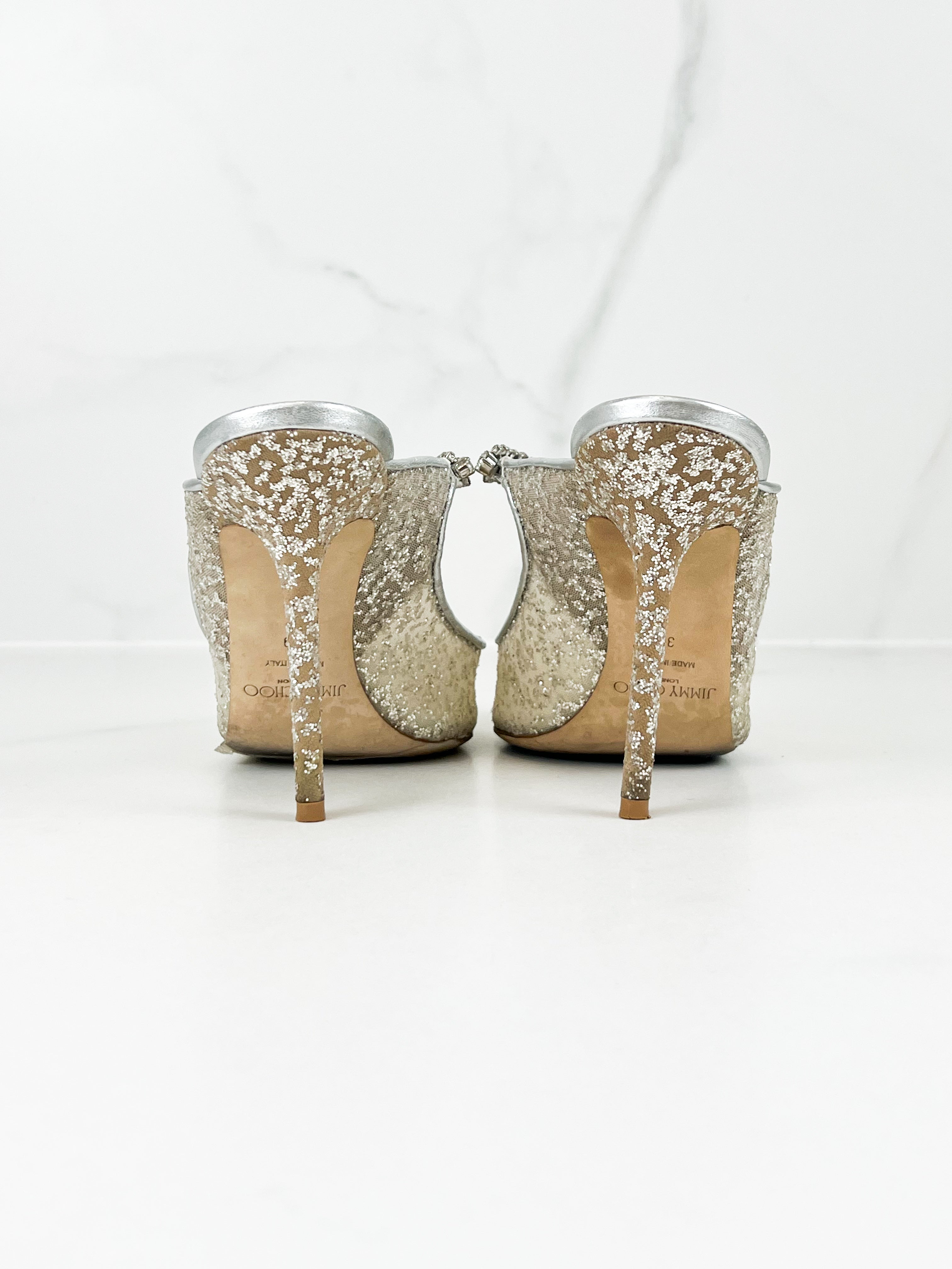 Jimmy Choo Bing Silver Glitter Fabric Mule Size 39