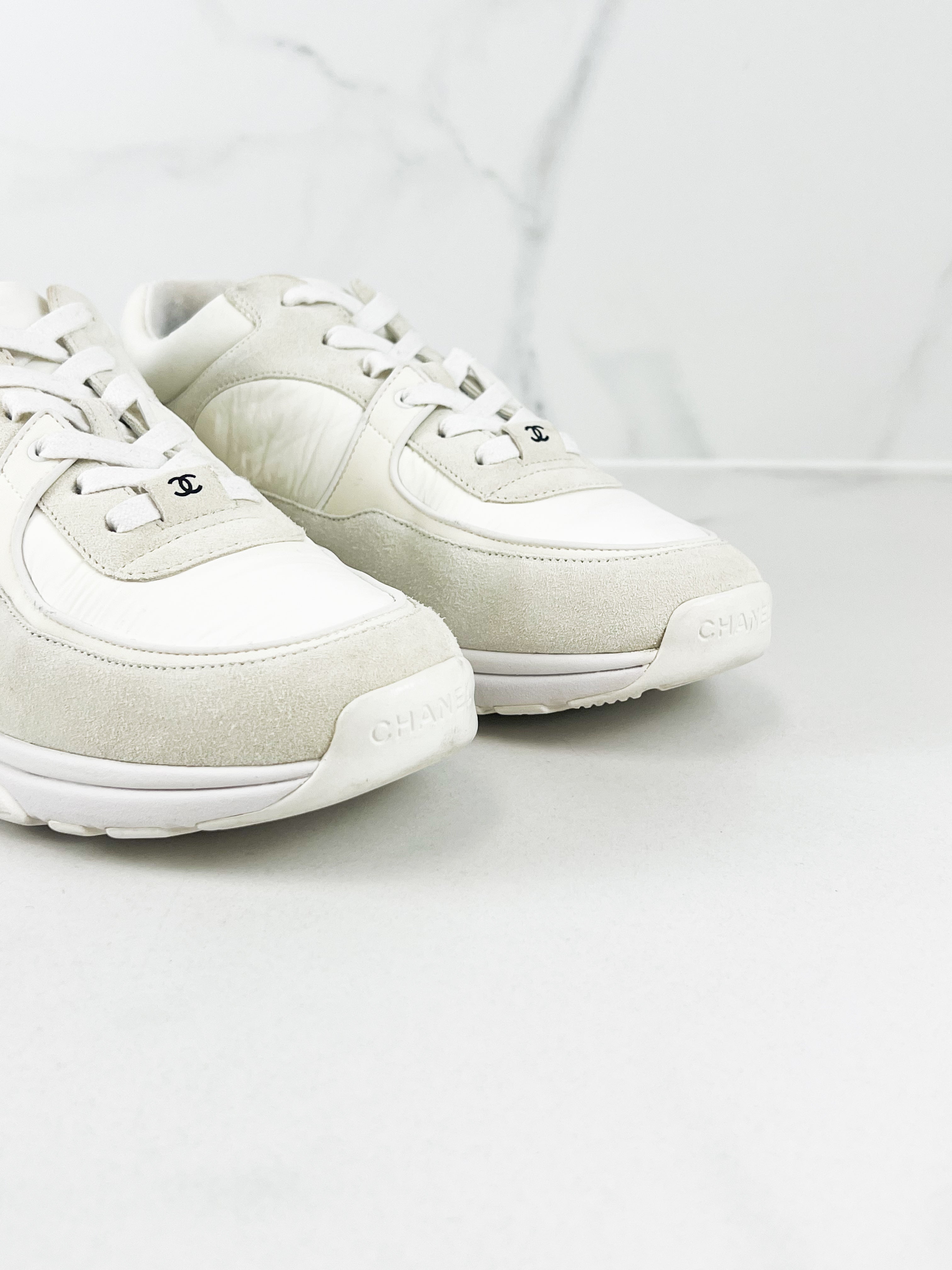 Chanel CC White Reflective Sneakers in Size 39.5