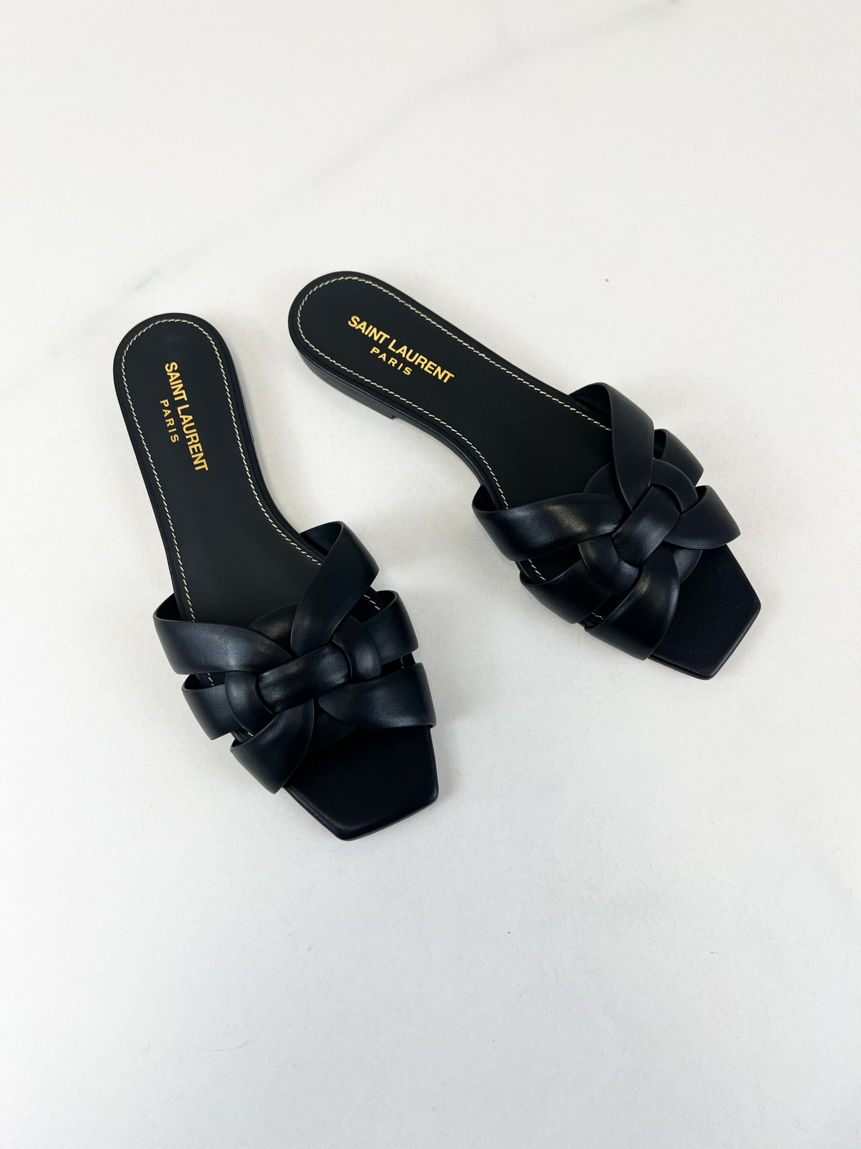 Saint Laurent Black Tribute Flat Mules Size 38