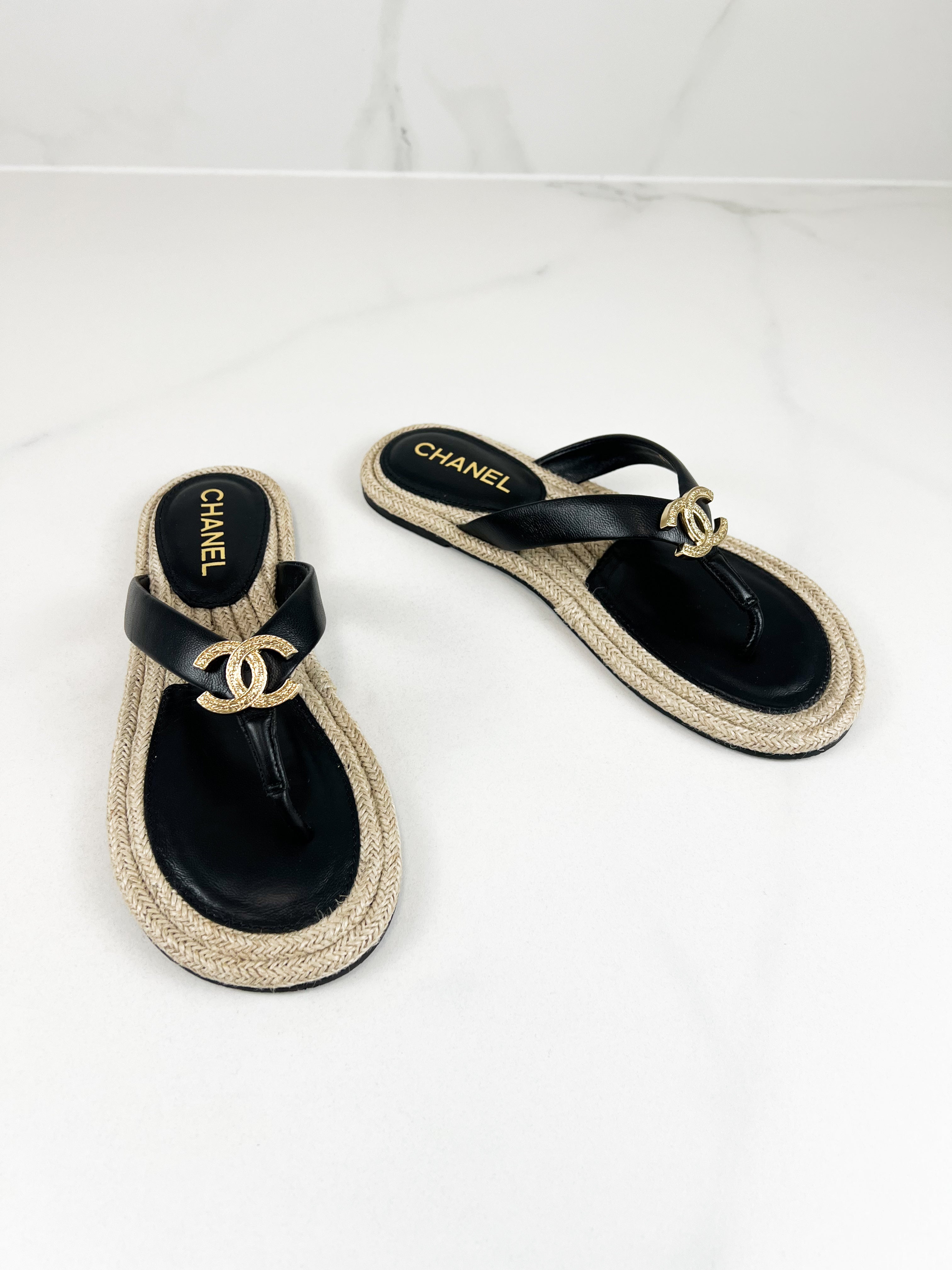 Chanel Black Raffia Thong Sandal with CC Logo GHW Size 39