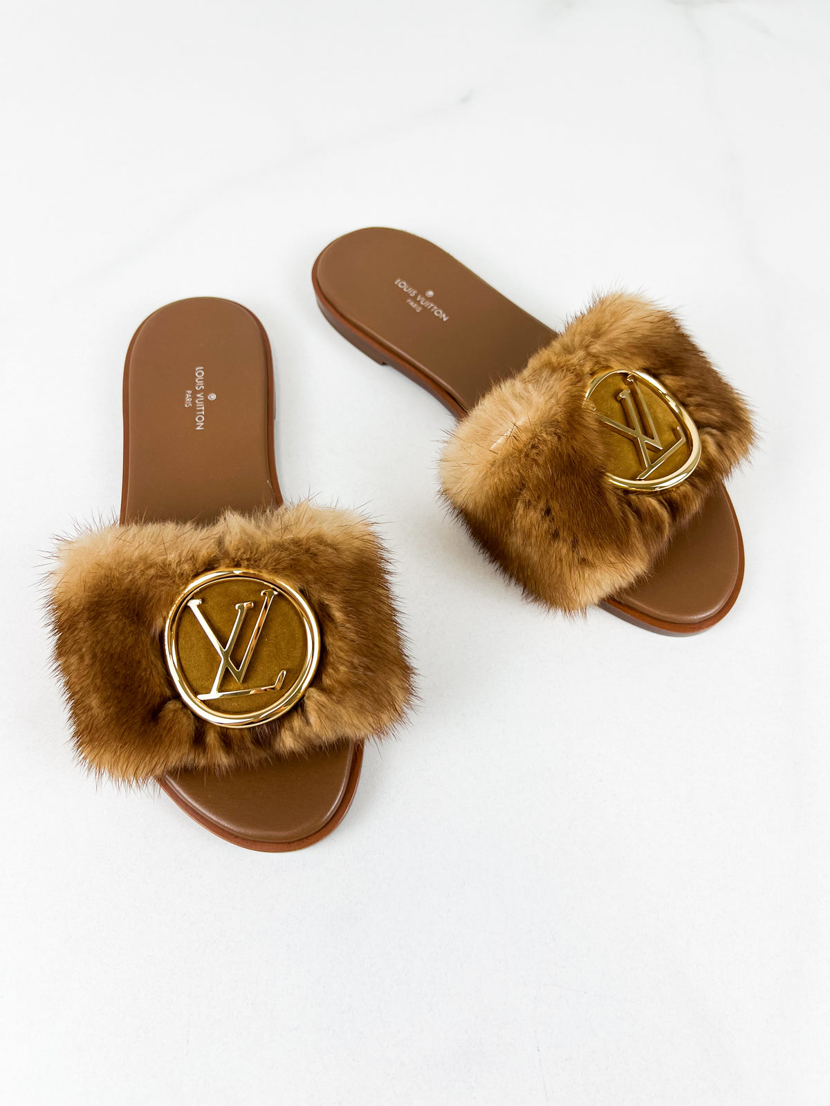 Louis Vuitton Lock It Brown Shearling Flat Slide Size 37