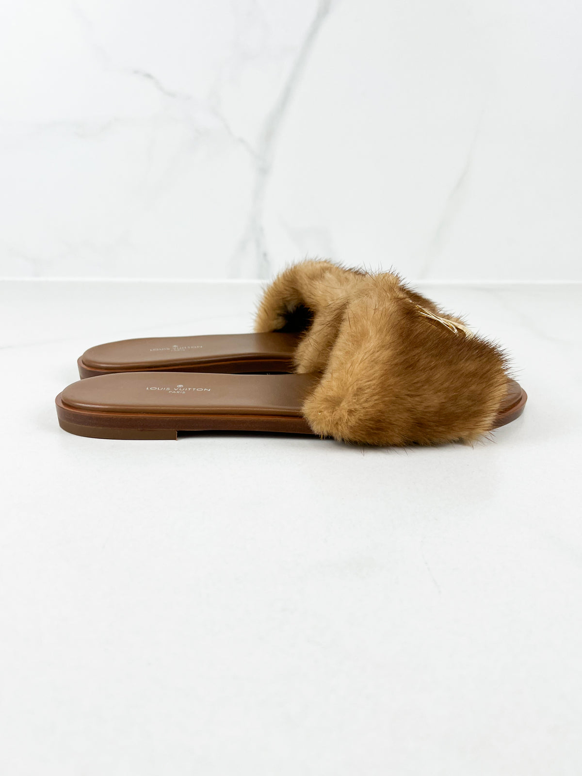 Louis Vuitton Lock It Brown Shearling Flat Slide Size 37