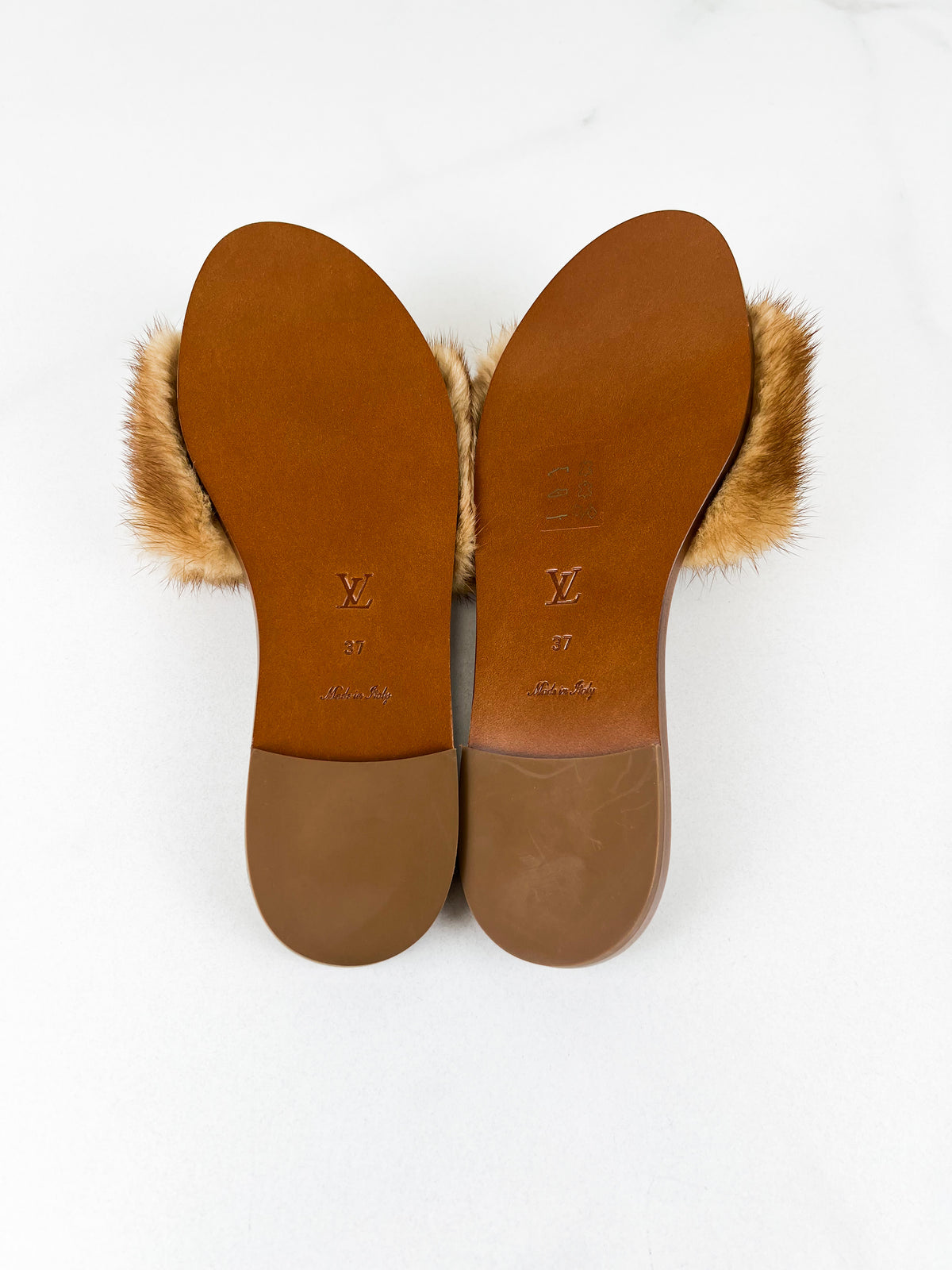 Louis Vuitton Lock It Brown Shearling Flat Slide Size 37