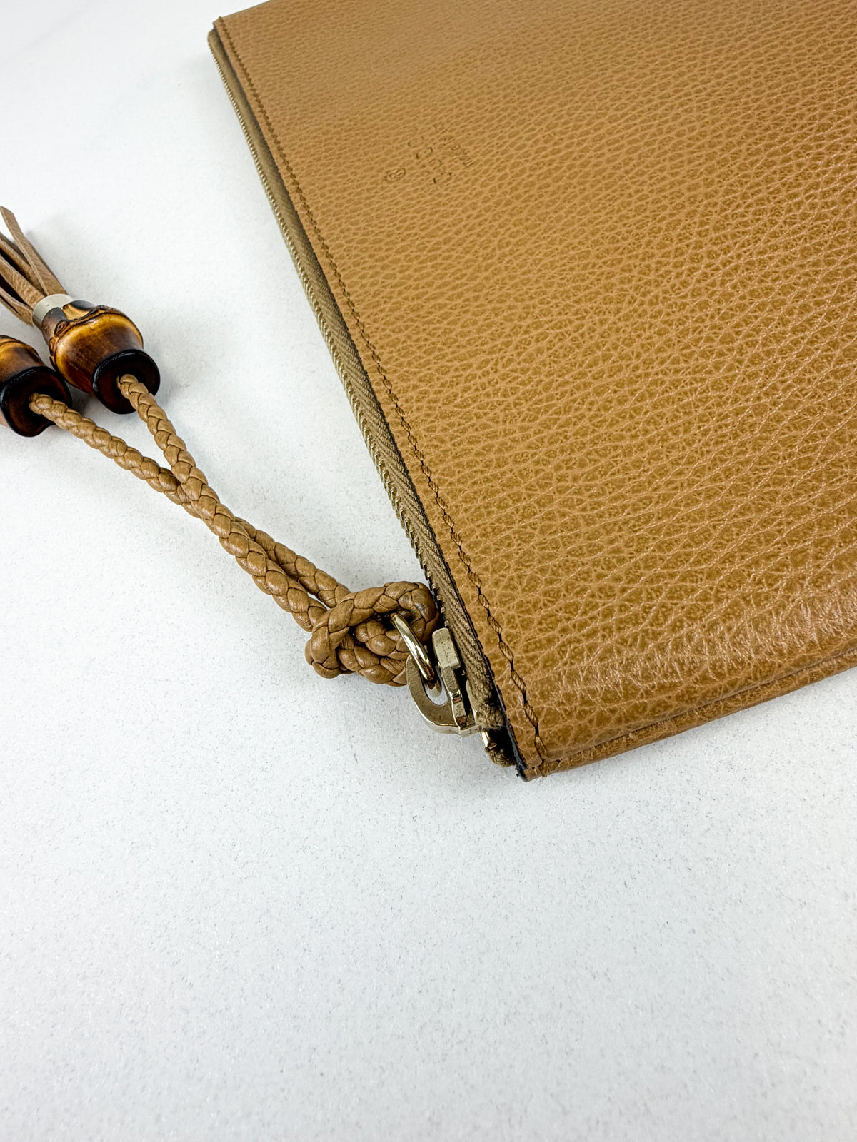 Gucci Bamboo Tassel Pouch Taupe Grained Leather