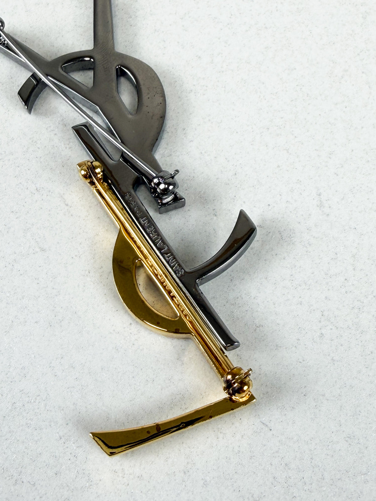 Saint Laurent YSL Logo Brooch in two-tone Gold & Silver with Diamantés