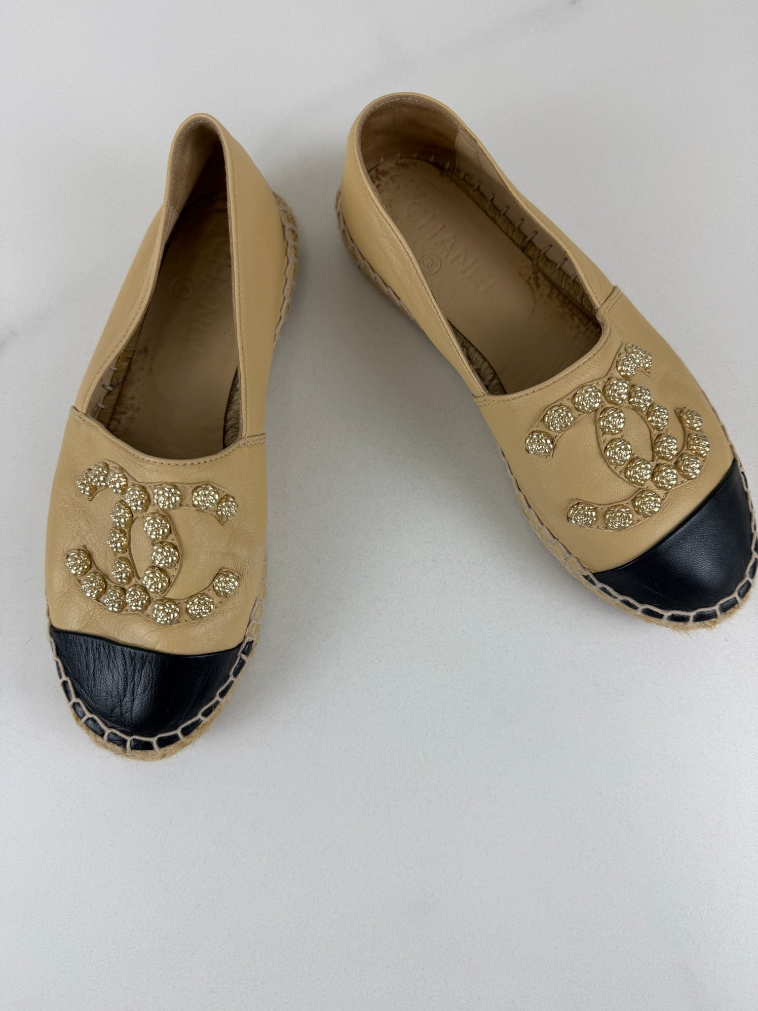 Chanel Beige Leather Studded CC Espadrilles Size 36