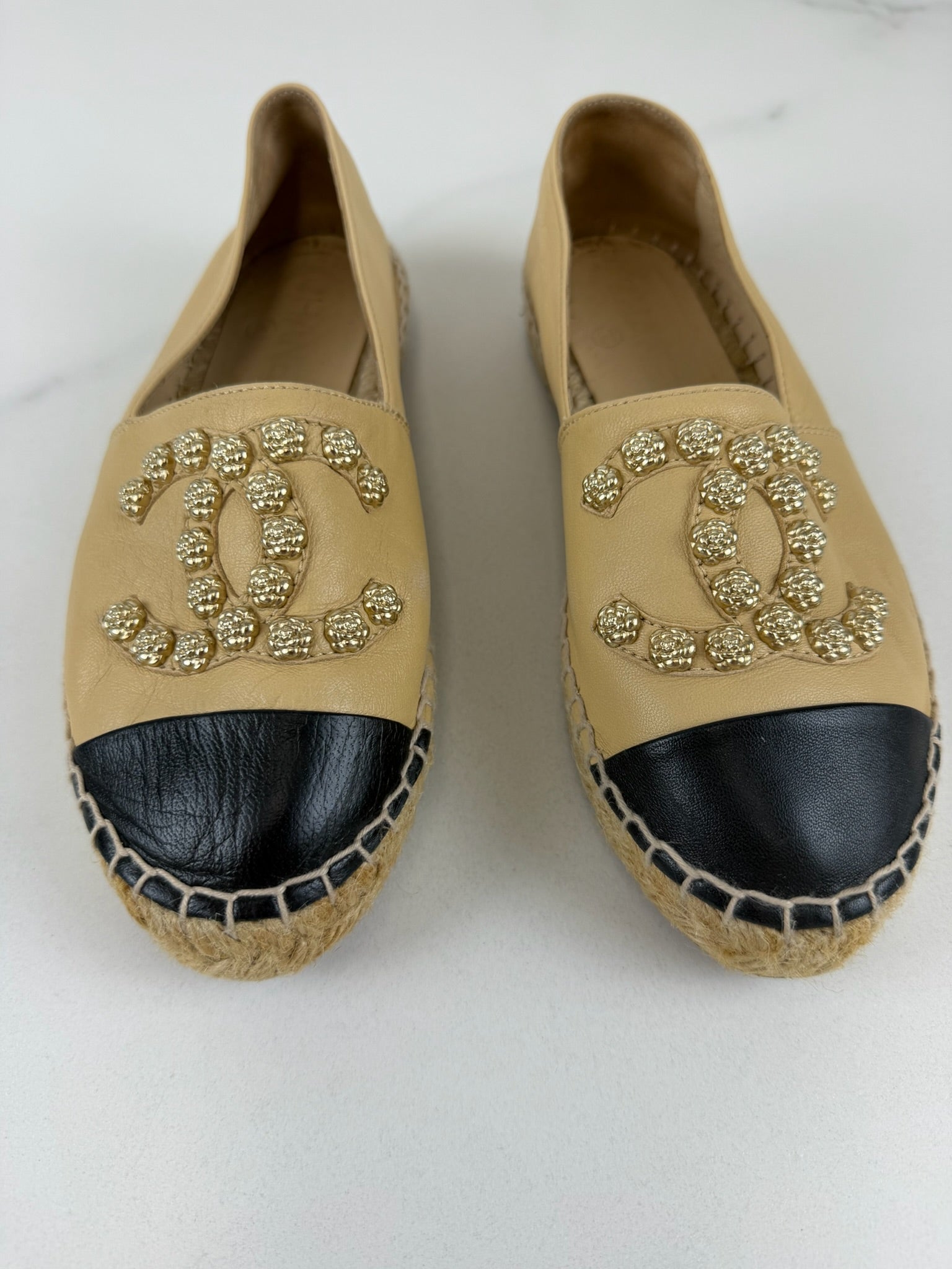 Chanel Beige Leather Studded CC Espadrilles Size 36