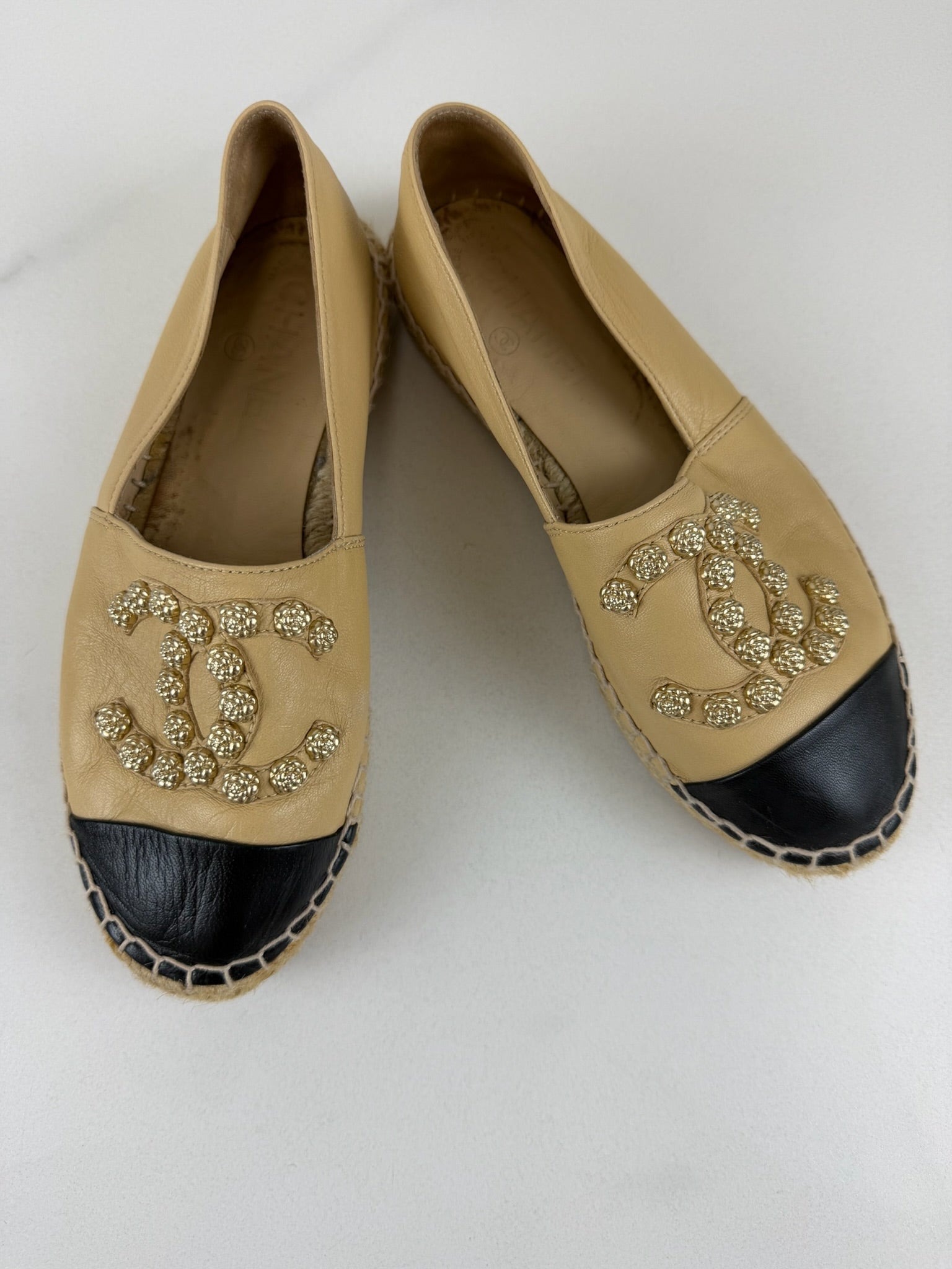 Chanel Beige Leather Studded CC Espadrilles Size 36