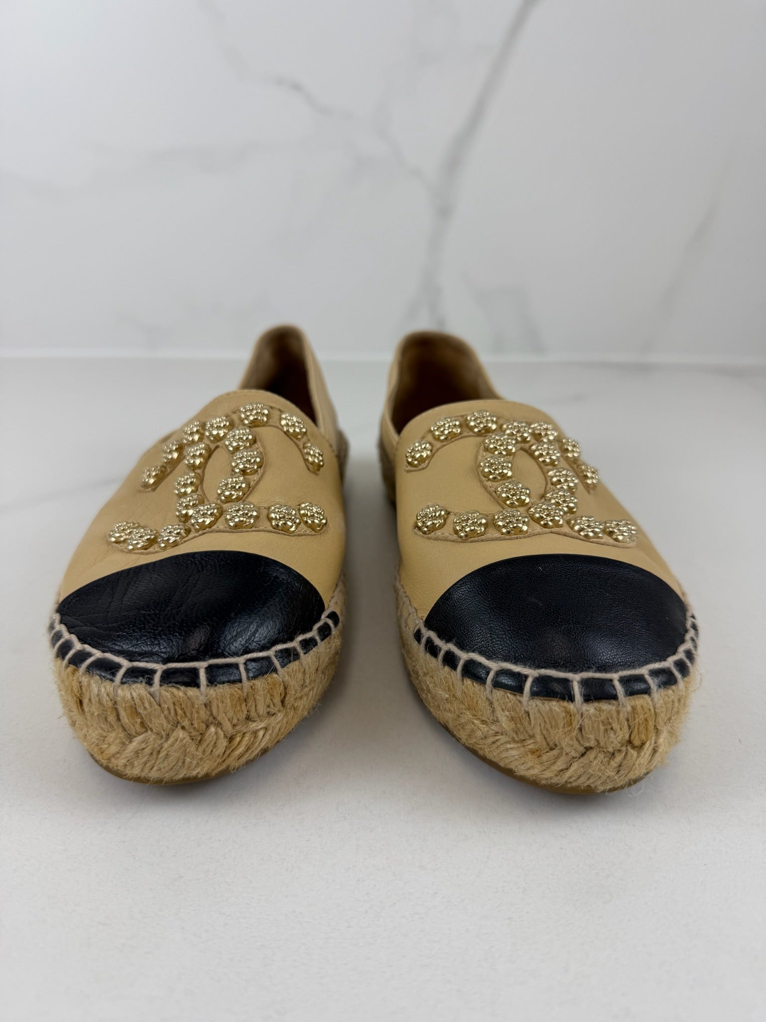 Chanel Beige Leather Studded CC Espadrilles Size 36