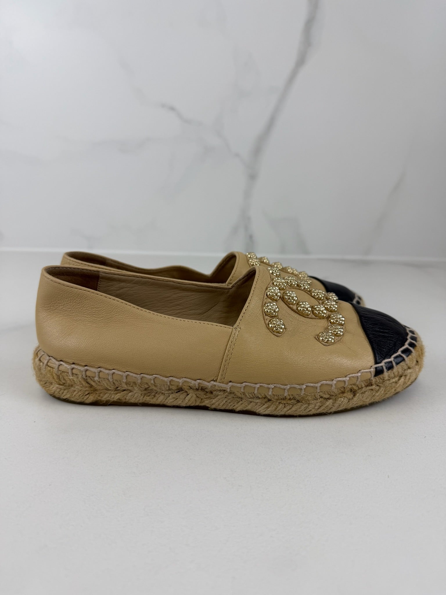 Chanel Beige Leather Studded CC Espadrilles Size 36