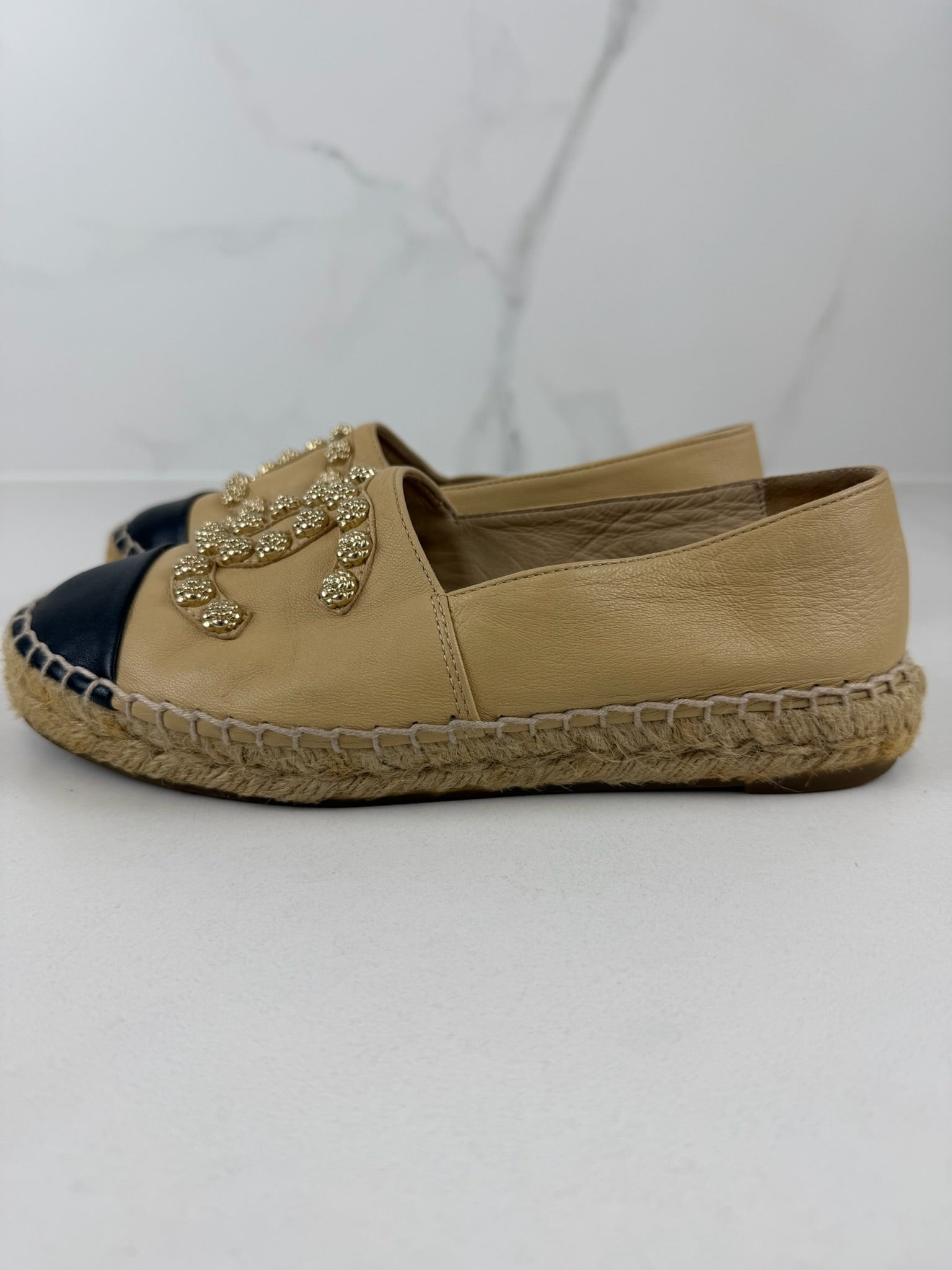 Chanel Beige Leather Studded CC Espadrilles Size 36