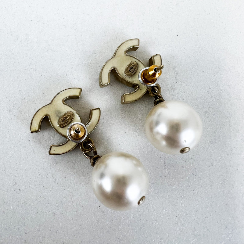 Chanel Metal Pearl Paris Button Drop Earrings Gold 860659